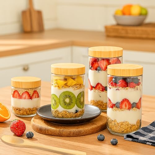 TBWIND 12 Pack 16oz Glass Jars with Bamboo Lids, Spoons, Airtight Overnight Oats Containers, Salad& Yogurt Storage, Mason Jars for Snacks, Spices, Meal Prep – Reusable