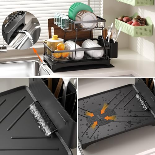 Godboat 2-Tier Dish Drying Rack - Dish Rack with Auto Drain-to-Sink & Mat | Dish Racks for Kitchen Counter, Dish Drainer with Knife Fork & Cup Rack, Gifts for Women, Mothers Day, Kitchen Gadgets, Black - size: X-Large/(2-Tier)