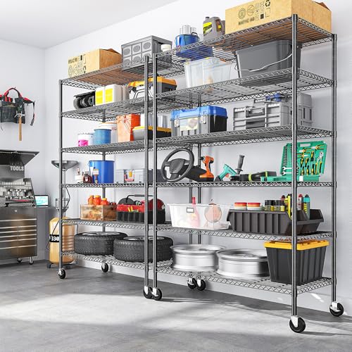 Romorgniz 6-Tier Rolling Storage Shelves, 82" H x 45" W x 18" D Adjustable Wire Shelving Unit with Locking Wheels, Heavy-Duty Metal Rack for Garage, Pantry, Kitchen, Basement – Black - size: 82"H X45"W X18"D-Black