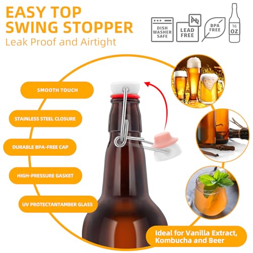 1PC Swing Top Beer Bottles with Easy Flip Top 16 Oz Amber Glass Bottle Set with Airtight Cap for Kombucha, Carbonated Drinks, Brewing, and Fermenting (Amber)