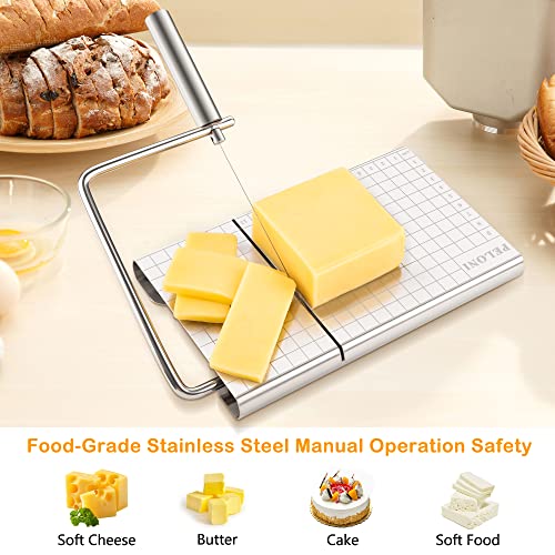 Cheese-Slicer Cheese-Cutter, Stainless-Steel-Cheese-Slicer with 5 Replacement-Wire Cheese Cutters for Block-Cheese Metal Cheese Slicers Cutting Board with Butter-Spreader Stainless Steel Knife
