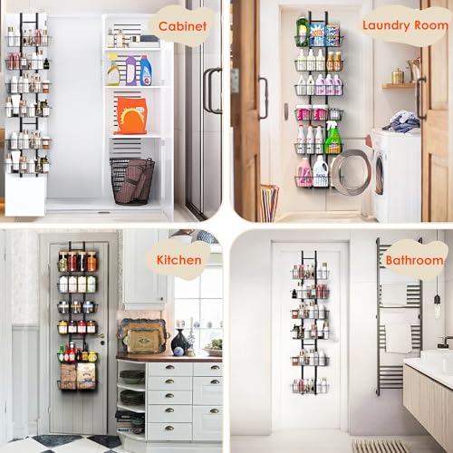 LUXEAR Over the Door Pantry Organizer, 6-Tier Adjustable Over the Door Hanging Spice Rack, No-Assembly Foldable Metal Over the Door Organizer for Kitchen, Home, Laundry Room, Bathroom - size: 6-Tier