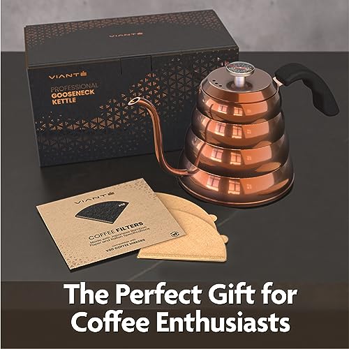 Viante Gooseneck Stovetop Pour Over Coffee Kettle, Built-in Thermometer | Precision spout for drip coffee & tea. Stainless steel with copper finish, 40 fl oz. Works on all cooktops