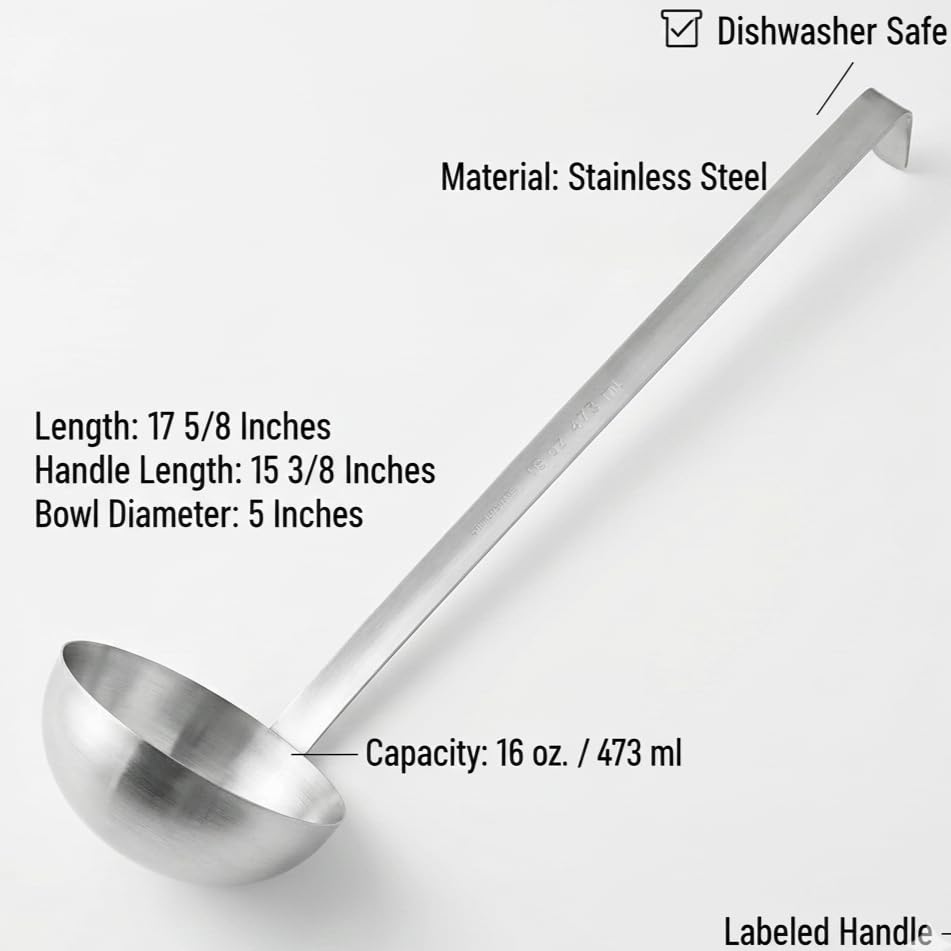 Stainless Steel Ladle, 16 oz – Heavy-Duty 2-Piece Construction, Long Handle, Hooked Design for Easy Storage – Perfect for Soup, Stew, Chili, Sauce, and Commercial Kitchens (1, 16 Oz) - size: 16 Oz