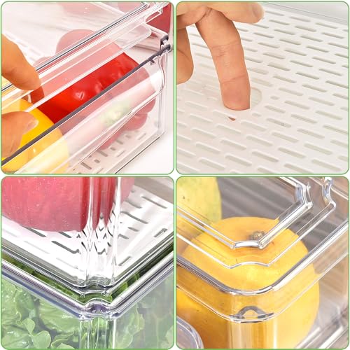 Stackable Refrigerator Organizer Bins with Lids, Fridge Organization and Storage Containers, BPA-Free Plastic Pantry Bins for Fruits, Vegetable, Drinks With Drain Tray, Set Of 10
