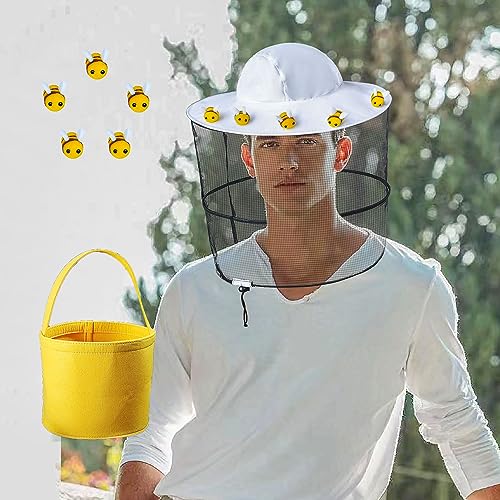 17pcs Beekeeper Set Includes1pc Beekeeper Veil Hat 5pcs Wool Felt Bees 10pcs Round Double Sided Tape 1pc Yellow Felt Bucket for Bee Keeper Catcher Halloween Costume for Adult