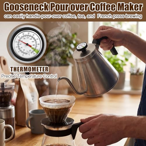 2 Pack 40 oz Gooseneck Kettle with Thermometer Stainless Steel Pour over Coffee Kettle Precision Drip Spout for Stovetop Home Kitchen Camping(Black and Silver) - color: Black and Sliver