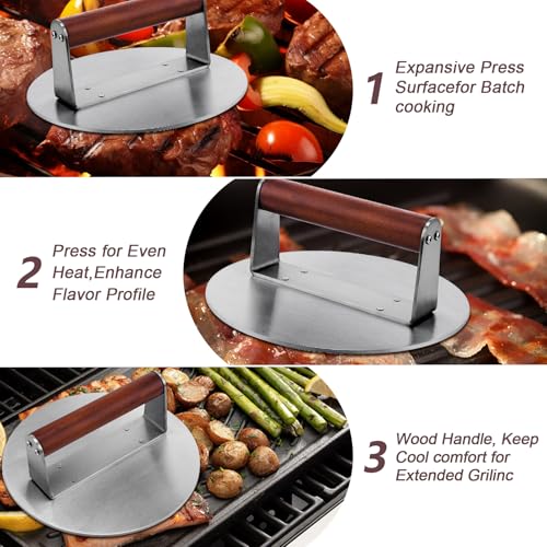 Extra Large Stainless Steel Burger Press, 8.5" NonStick Hamburger Smasher Tool & Grill Press, 2.5 lbs Heavy Duty Bacon Press with Wood Handle for Blackstone Camp Chef Pitboss Weber Griddle Grills - size: 8.5inch
