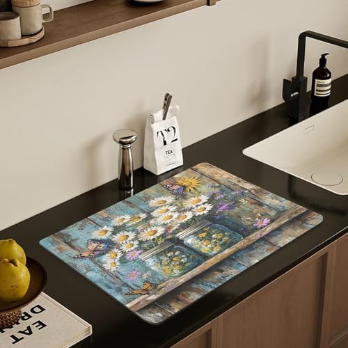 Butterfly Jars Dish Drying Mat for Kitchen Counter Highly Absorbent Coffee Mat Heat Resistant Dish Rack Pad for Pans Pots Utensils Sink Rack 23.6" x 19.7" - size: 23.6x19.7inch