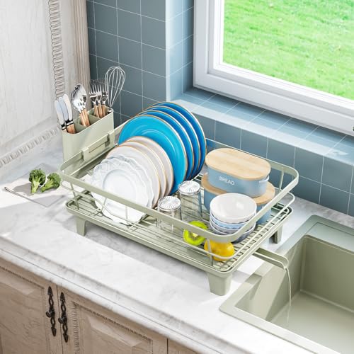 Urackify Dish Drying Rack for Kitchen Counter, Sink Dish Rack with Drainboard, Large Dish Drainer with Cups Holder, Home Countertop Plate Dryer Storage Rack with Cutlery Holder, Soft Celery Green - color: Soft Celery Green