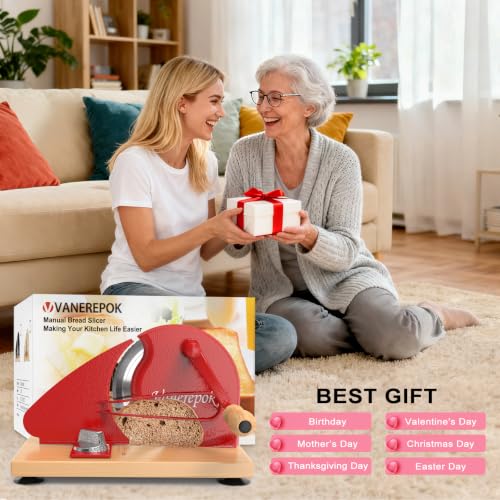 vanerepok Manual Bread Slicer Adjustable Thickness for Homemade Sourdough | Hand Crank Bread Cutter with Scale & Stable Suction Cups & Wood Base for Even Slicing Perfect Baking Gift for Home Bakers - color: Deep Red