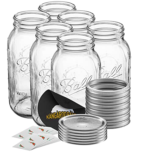 Wide Mouth 64 oz (half gallon) mason Jars with Lids and Bands (12-Pack) bundled With, KangarooBands Jar Opener, and Package Of Jar Labels | Canning, Fermenting, Pickling, DIY Decors Projects