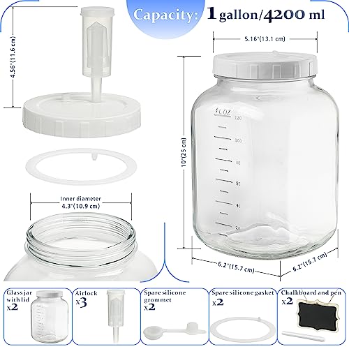 Folinstall 2 Pack 1 Gallon Large Fermentation Jars w 2 SCREW Lid and 3 Airlock - 100% Airtight Lid, Wide Mouth Glass Jar, Pickle Jar w Scale Mark for Sourdough Starter