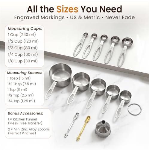 13PCS Stainless Steel Measuring Cups and Spoons Set with Funnel, Stackable Metal Measuring Cup and Spoon Set for Baking Cooking, Dishwasher Safe Kitchen Tools with for Dry & Liquid Ingredients