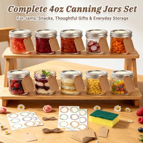 STARSIDE 4oz Embossed Glass Mason Jars 12 Pack, Small Regular Mouth Canning Jars with Airtight Lids for Jams, Jelly, Honey, Snacks, Spices, DIY Gifts & Wedding Favors - color: Clear06-4oz