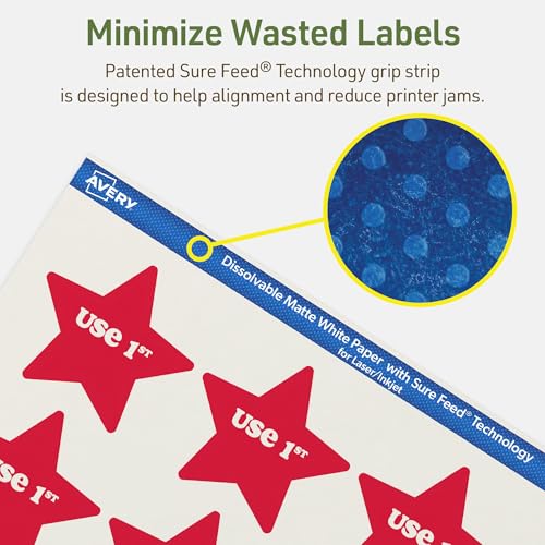 Avery Dissolvable Star Labels, Sure Feed Technology, 2-1/4" x 2-3/8", Matte White, Print-to-The-Edge, Laser/Inkjet Printable, 120 Labels Total - style: 120 labels