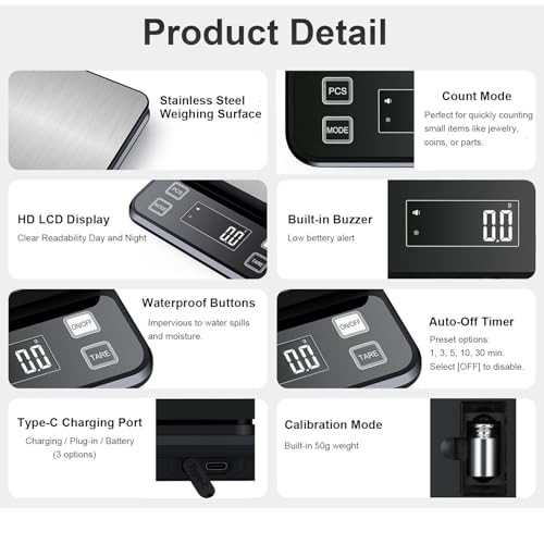 Waterproof Digital Kitchen Scale 0.001oz/0.1g Precision, Stainless Steel Electronic Scale with 3 Power Options (Rechargeable/AAA/Built-in), 10 Units Conversion, Smart Standby, 22lb/10kg Capacity - size: 22lb