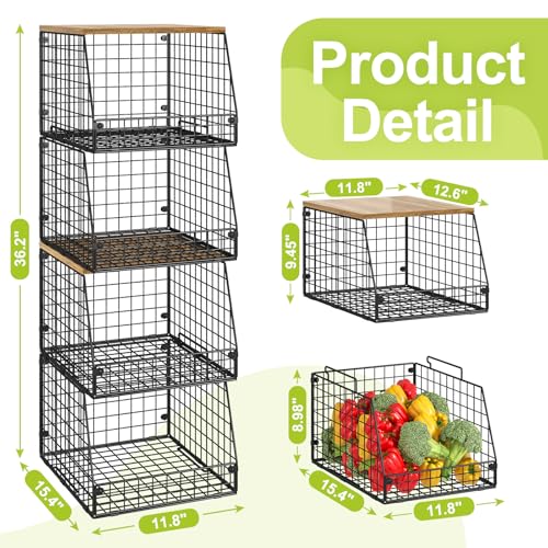 Jakyitvi 4 Pack Stackable Wire Baskets with Fixed Wooden Top, Vegetable Fruit Storage Bins for Onion Potato Snack, Pantry Baskets for Kitchen Cabinet Countertop, Pantry Organizers and Storage Rack - size: 4 Pack with Wooden Top