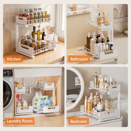 Delamu 2-Pack Under Sink Organizer, 2 Tier Pull out Under the Kitchen Sink Storage, Slide out Cabinet Organizer Shelf, Metal Sliding Drawer for Bathroom Pantry Closet Organization Rack, White