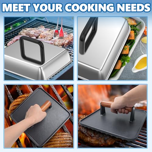 SafBbcue 14" Stainless Steel Rectangle Cheese Melting Domer Basting Cover & Cast Iron Rectangle Griddle Smash Burger Grill Weight Press for Blackstone, Pitboss, Camp Chef Flat Top Grills Accessories - style: 14InDome+10In Press