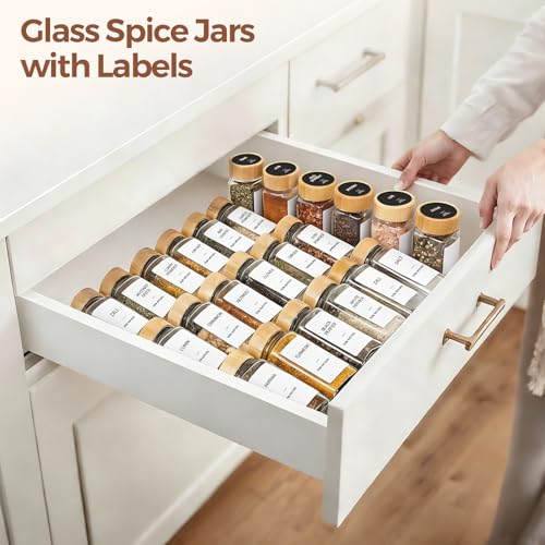 ComSaf Glass Spice Jars with with Labels 4 oz 24 Pack Bamboo Lids Bulk Set | Empty Containers, Seasoning Herb Powder, Salt Pepper Chili, Spice Rack Organization, Kitchen Cabinet Storage, Funnel Included - color: Bamboo Lids