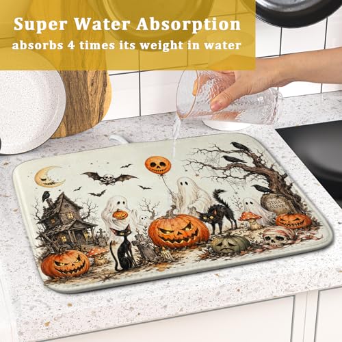 Giwawa Halloween Pumpkin Ghost Dish Drying Mat Black Cat Microfiber Dishes Pad 16x18 Inch Holiday Dish Drainer Rack Mats for Kitchen Counter Sink - color: Pumpkin Ghost, size: 16x18 inch