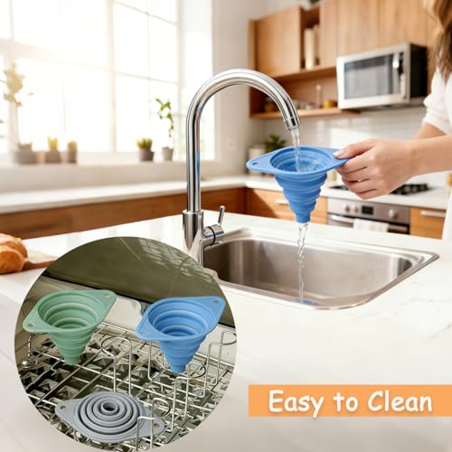 Kitchen Funnel Set 3 Pack, Collapsible Silicone Funnel for Kitchen Use, Small Funnels for Filling Bottle, Transfer Liquid, Oil and Powder, Food Grade Silicone Filter with a Brush