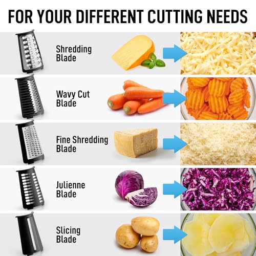 Zulay Kitchen Rotary Cheese Grater 5 Blade Cheese Shredder - Manual Hand Crank Cheese Grater With Reinforced Suction & 5 Interchangeable Drums - Easy to Use, Vegetable Chopper Round Mandoline Slicer - color: Classic | Black