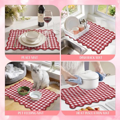 Scalloped Gingham Coffee Mat 12" x 20" Absorbent Coffee Bar Mat Gingham Espresso Matt for Counter(Red) - color: Red