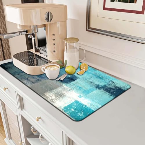MCALK Turquoise Dish Drying Mat for Kitchen Counter, Teal Dish Drying Pad with Anti-Slip Rubber Base, Absorbent Kitchen Sink Mat with Abstract Art Decor (1 pc 18" x 16") - size: 18" x 16"