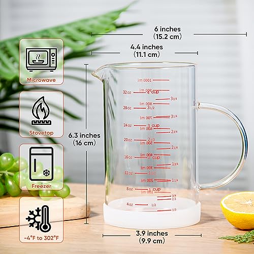 4 Cup Glass Measuring Cup with Handle, 77L High Borosilicate Glass Measuring Cup with V-Shaped and Three Scales (Cup, OZ, ML), Glass Liquid Beaker with Silicone Base, Double-Sided Measure Scales - size: 4 Cup, 1000ML