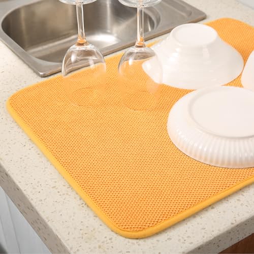 2 Pack Microfiber Dish Drying Mat for Kitchen Counter,Ultra Absorbent Dish Drainer Mat ,Dish Drying Pad , Dish Rack Mat 20×15 Inch (Yellow)