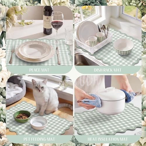Scalloped Gingham Coffee Mat 12" x 20" Absorbent Coffee Bar Mat Gingham Espresso Matt for Counter(Green) - color: Green