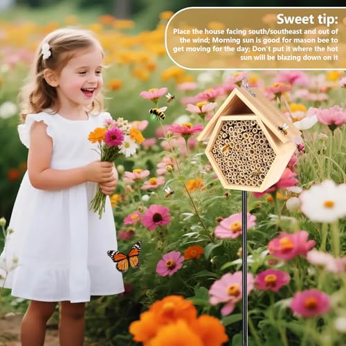 Mason Bee House for Garden, Natural Wooden Bee Habitat with Metal Ground Stake, Attracts Pollinators, Improve Garden Productivity, Outdoor Decoration