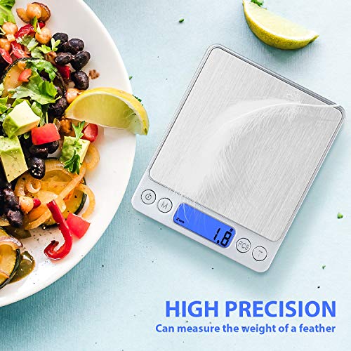 Food Scale, Rechargeable Kitchen Scale with Trays 3000g/0.1g, Mini Scale with Tare Function Digital Scale Grams and Ounces for Weight Loss, Dieting, Cooking, Meal Prep, Coffee, Jewelry