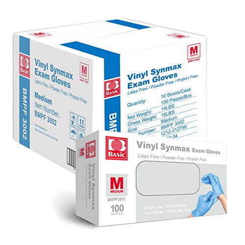 Basic Medical Synmax Vinyl Exam Gloves - Latex-Free & Powder-Free - Large (Case of 1,000) Blue and Medium (Case of 1,000) Blue