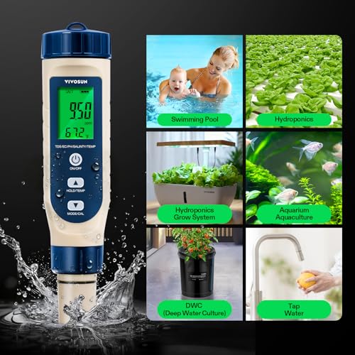 VIVOSUN 5-in-1 Digital PH Meter with PH/Salinity/TDS/EC/Temperature Function, Backlight Screen, IP67 Waterproof for Hydroponics, Home Drinking, Pool and Aquarium - color: Blue