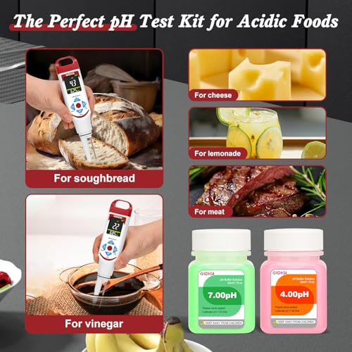 Food pH Meter with ATC, Spear Probe for Sourdough & Meat | Extended temperature electrode, color display, with calibration kit, for sourdough, kombucha, canning, sauce, cosmetic - color: Red Food pH Meter