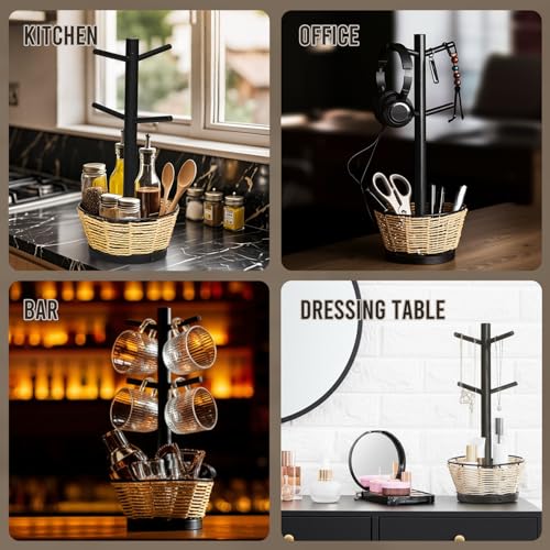 Wood Mug Holder Tree With Woven Basket, 4 Hooks Coffee Mug Holder, Countertop Mug Tree For Kitchen Counter Cabinet Coffee Bar Accessories Cup Display Organizer Hanger(Black) - color: Black