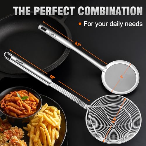 Walfos Spider Strainer, Set of 2-5.5 Inch Stainless Steel Fryer Scoop & 4 inch Fat Skimmer Spoon, Kitchen Spider Skimmer Strainer With Handle, For Cooking Deep Fryer, Pasta, Egg,Fat - size: 2 pcs (5.5" Strainer , 4" Skimmer)