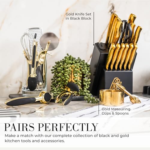 Black and Gold Kitchen Utensils - Luxe 8-Piece Gold Kitchen Tools Set with Can Opener, Pizza Cutter, Peeler, Mini Whisk, and Tongs - Stylish Accessories for Modern Cooking and Ideal for Gifting - color: 8 PC Black & Gold