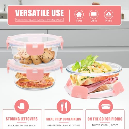 GULFLIN 12 Pack 13oz Small Glass Food Storage Containers with Lids Airtight, Leak-Proof Round Meal Prep Containers Set, Freezer to Microwave Safe, Dishwasher Safe - color: 13oz,12 Pack-Pink Set,Same Size