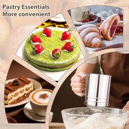 Flour Sifter, Sifter for Baking with Flour and Powdered Sugar Shaker Duster Set, 3 Cup 3 in 1 Stainless Steel Double Layer Fine Mesh Sifter for Cakes, Pastries, Pies, Cupcakes and Desserts