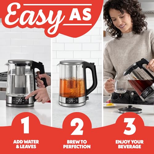 Gourmia Programmable Digital Glass Kettle – 1.7L Adjustable Temperature Electric Kettle with 6 Presets, Keep Warm, Stainless Steel Tea Infuser, 360° Swivel Base, Black