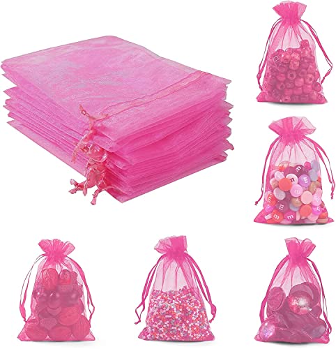 ANZNKU 50 Pack Hot Pink Organza Bags 5 x 7 inch, Small Mesh Drawstring Gift Bags, Jewelry Pouches Small Mesh Bag for Candy Party Wedding Favor & Easter Gifts - color: Hot Pink