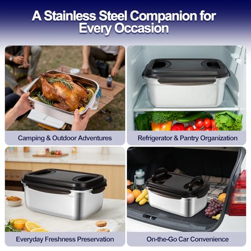 QCQHDU Stainless Steel Food Storage Containers, 7500 ML/ 254 oz / 32 Cup Large Food Storage Meal Prep Containers with Airtight Lids for Roasting Turkey, Chicken, Baking Casserole, Fruits, Party