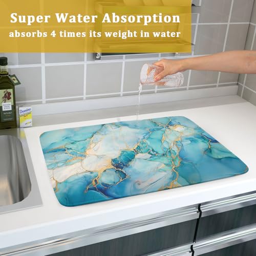 Marble Print Dish Drying Mat for Kitchen Counter,Blue Teal Turquoise Gold Drying Mat 18 x 24 Inch with Absorbent Reversible Microfiber Drying Pad for Coffee Bar - size: 18" x 24"