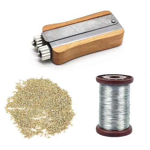 Apiculture Tensioner Crimper with Bee Frame Wire, 304 Stainless Steel Wire Honeycomb Frame Holding Tool (Metal Wheels and Wooden Handle, 200 Brass Honeycomb Frame end Holes)