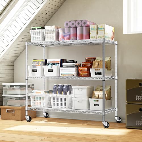 DurayLoly 45" W 3-Tier Metal Shelf on Wheels,450lbs,Kitchen, Laundry,Garage | 19mm chrome steel, 150 lbs/shelf, lock casters or switch to leveling feet, tool-free setup, fits pantry & bedroom - color: Chrome