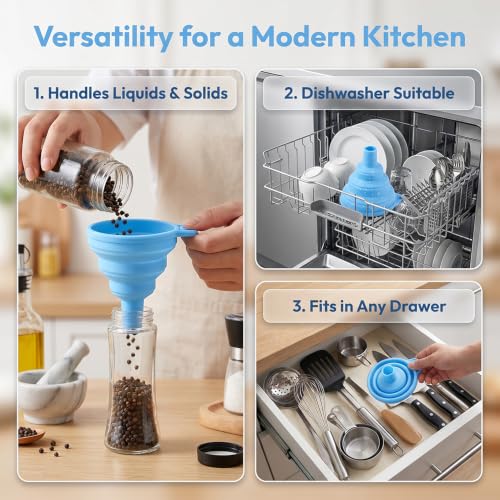 Kitchen Funnel 3 Pack - Food Grade Silicone Collapsible Funnel, Funnels for Kitchen Use Filling Bottles, Daily Cooking, and Water or Powder Transfer.Blue - color: 3PCS-Blue